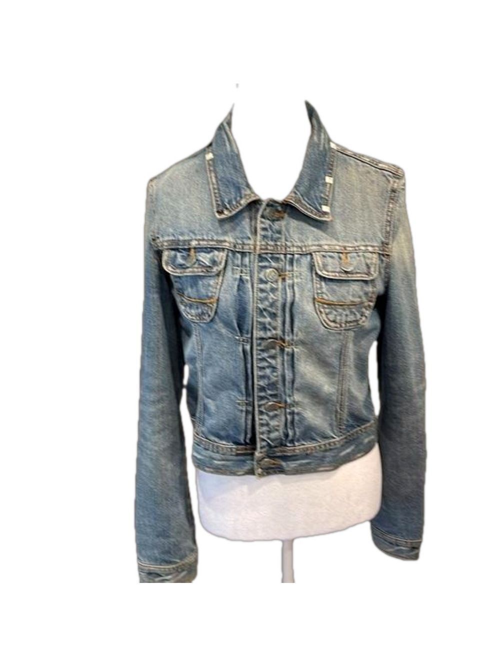 Ezra Fitch button cropped medium wash L distressed  jacket with panel inserts